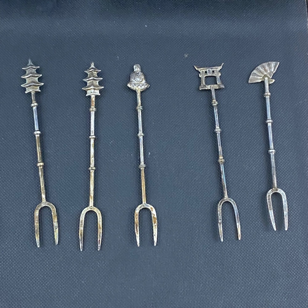 Vintage Japanese Export Sterling Silver Figural Cocktail Forks Set of 6 Boxed - Picture 4 of 8